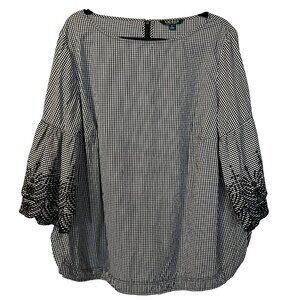 Lauren Ralph Lauren Black & White Gingham Blouse 2X Lace‎ Bell Sleeves Classic